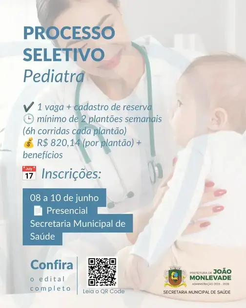 Prefeitura de João Monlevade lança seleção para Médico Pediatra com oportunidades temporárias