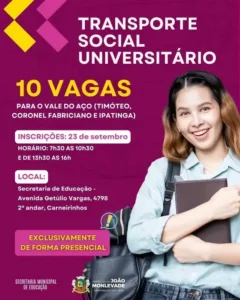 Abertas inscrições para o Transporte Social Universitário em João Monlevade