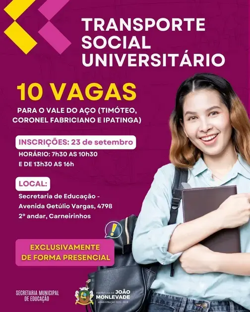 Abertas inscrições para o Transporte Social Universitário em João Monlevade
