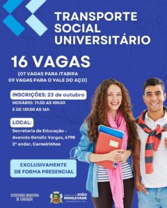 João Monlevade: Prefeitura abre inscrições para o Transporte Social Universitário